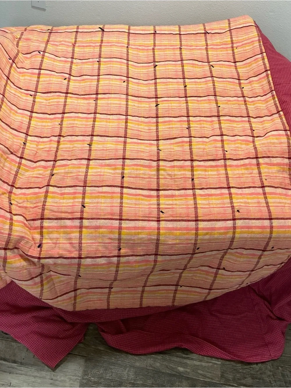 Vintage handmade patchwork quilt yarn tied plaid blanket with skirt 82x70